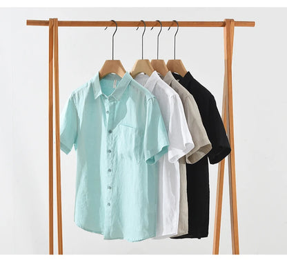 100% Linen Short Sleeve Shirt for Men Breathable Summer Casual Top Minimalist Loose Fit Button-Up Shirt  Natural Wrinkle Texture