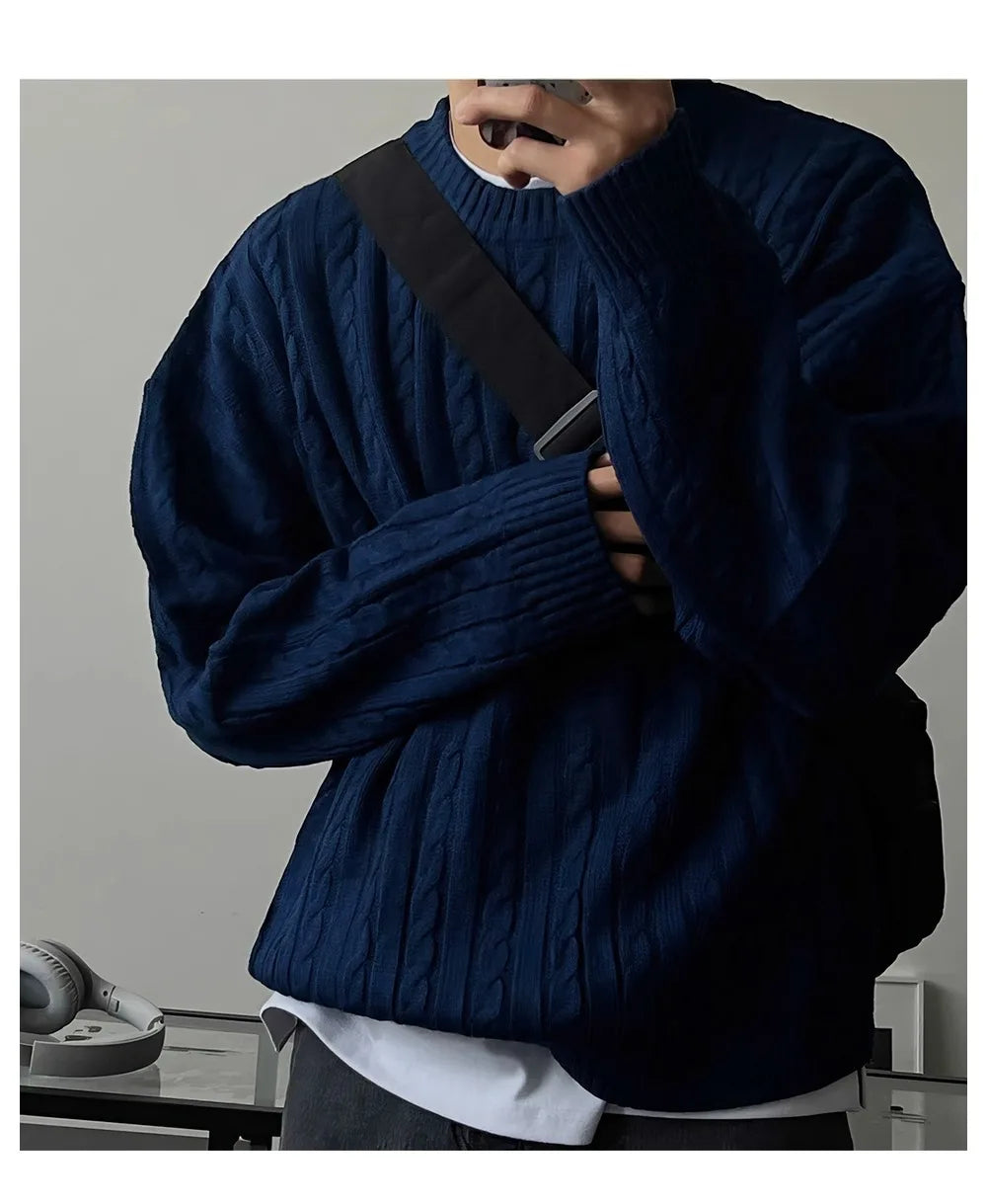 Men's Knitting Sweater 2026 Spring Autumn 0-neck Long Sleeve Knit Sweater Dark Blue Hemp Pattern Drop Shoulder Thicken Pullover