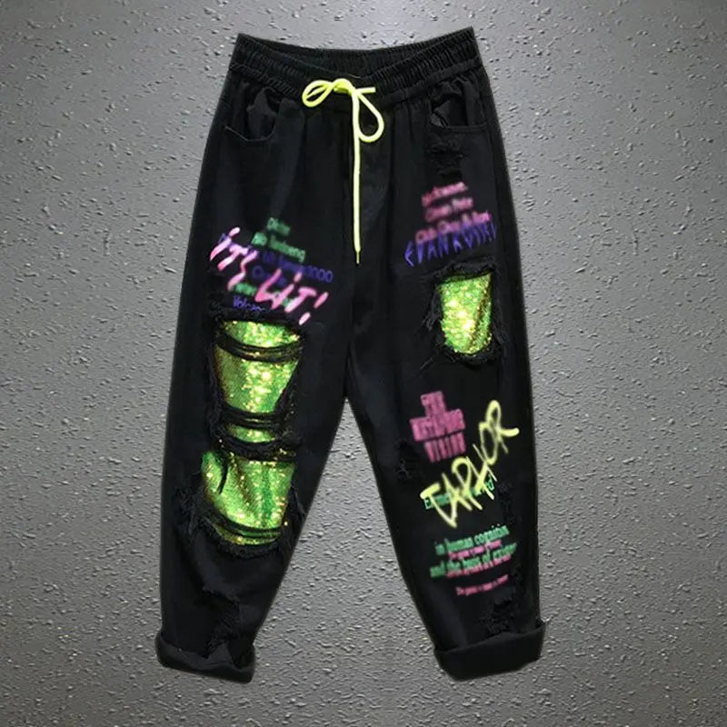 Women's Spring And Summer Personality Color Sequins Ripped Jeans New Drawstring Loose Straight Streetwear Denim Harem Pants