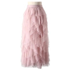 Womens Elastic High Waist Tulle Mesh Irregular Tutu Skirt Gauze Skirt Spring and Summer New Pleated A-Line Skirt in the Long Hi
