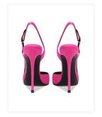 Rose red satin back tripe buckle sandals for women's new style slim heel and sexy European and American style single shoes