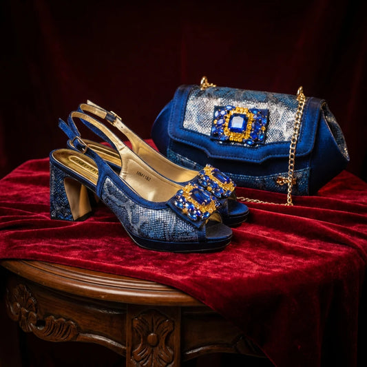 2026 Italian Luxury Rhinestone Taro Royal Blue Open Toe High Heel Shoe And Bag Set for Women - Perfect for Parties Wedding