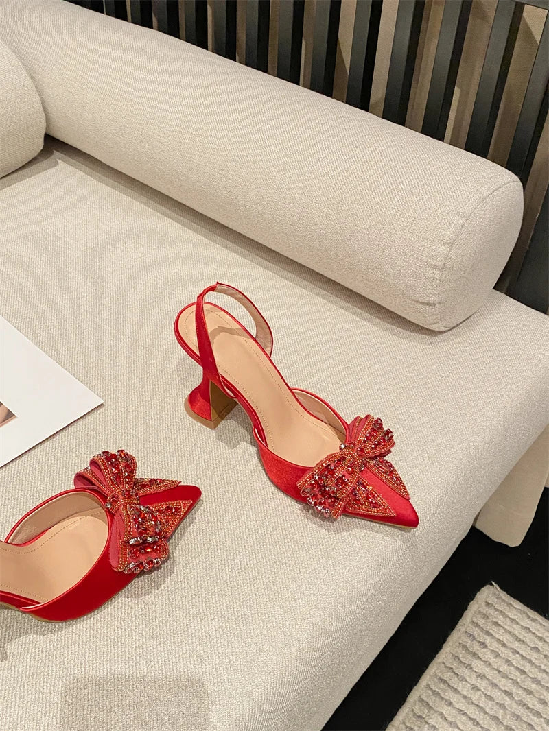 Liyke Spring Summer Fashion Rhinestone Bowknot Women Pumps Sexy Silk Pointed Toe Strange High Heels Party Prom Shoes Gold Silver