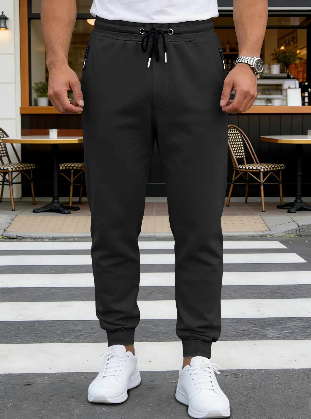 Spring/Autumn High-Quality Men's Sport Pants with Drawstring Cuffs and Zippered Pockets - Solid Color Elasticated Casual Pants