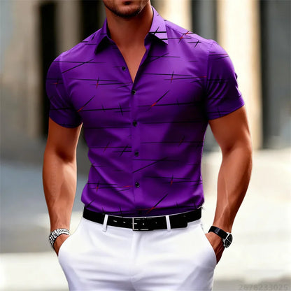 18 colors new men's fashion geometric line print short-sleeved shirt Urban casual style slim lapel shirt comfortable fabric