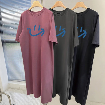 Arabic Print Side Split Long T Shirt Dress Women Loose Short Sleeve Oversized Casual Maxi Loungewear Dress