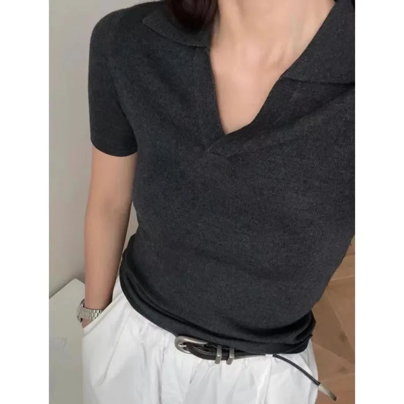French short shoulder sleeve women's lapel knit top women's spring and summer thin ice silk polo collar  of solid color T-shirt