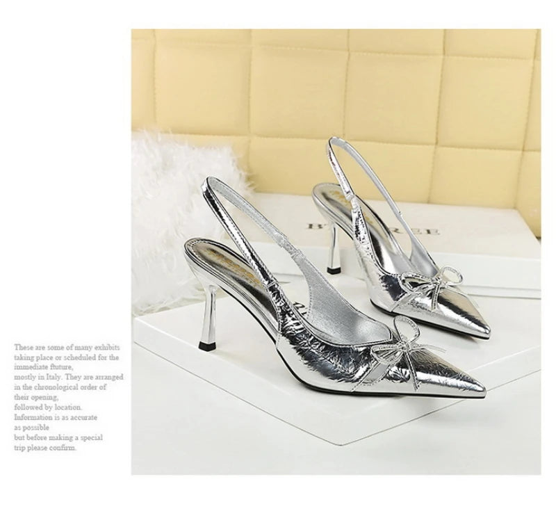 Korean Style Pointed Toe High Heels Shallow Mouth Hollow Bow Back Trip Strap Women's Shoes Thin Heels Back Empty Shoes Women