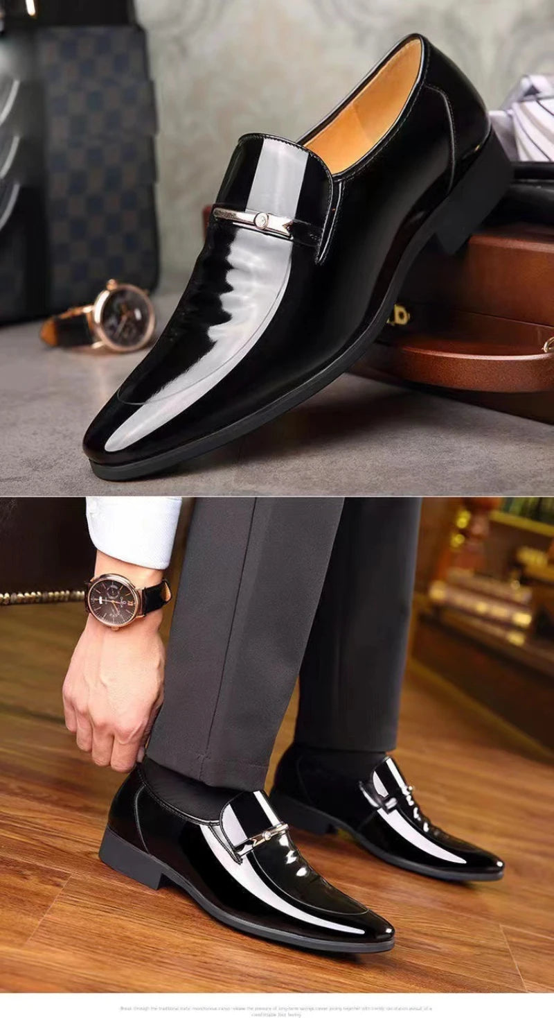Mens Formal Wine Red Patent Leather Loafers Pointed Toe Slip On Shoes Hollow Out Non SlipBreathable Design Metal Buckle Decor