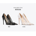 Black lace high heels for women, 2026 new slim heel pointed sexy versatile French spring and summer breathable single shoes