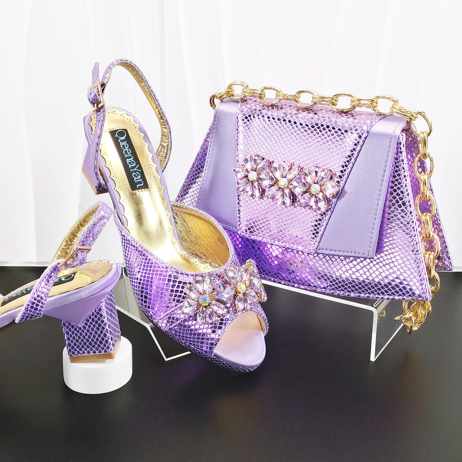 New Elegant 2026 Lilac Peep Toe Women Heels with Diamond Accents - Italian Design Matching Pumps and Bag Set for Parties