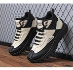 Men'S Black And White Mid Top Hiking Boots Waterproof Leather Platform Sneakers Non Slip Outdoor Casual Shoes With Rugged Sole