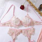 Ellolace Honey Women's Lingerie Sets Romantic Coquette Embroidered Bra 3PC Stockings Premium Gold Thread Jewel Decor Underwear