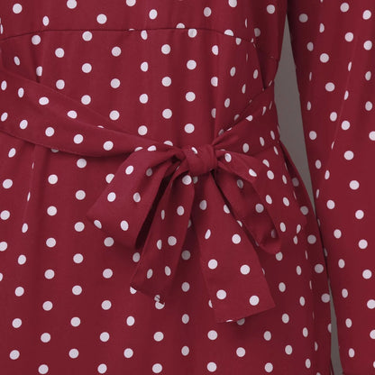 Polka Dot Muslim Dress Ruffle Belted Waist Women'S Dresses Long Sleeve Button Down Abaya Casual Vestidos Kaftan Dubai Long Robe