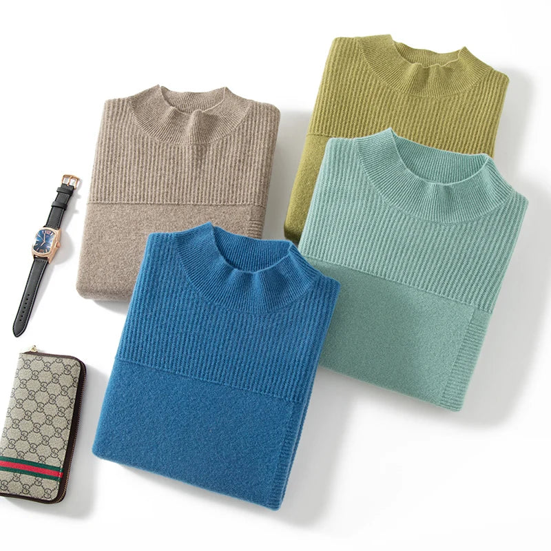 Autumn and winter new 100% pure wool men's semi-turtle neck loose knit solid color Joker casual knit bottoming shirt.