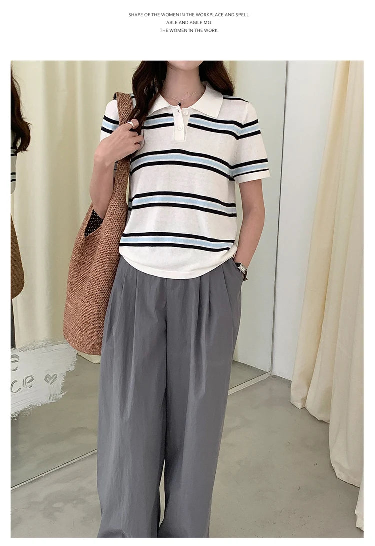 WinvyNee Summer Top Women's 100% Cotton Striped Polo T Shirt Women's Clothing Short Sleeve Casual Oversized Pullover A1522077