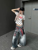 Women American Vintage Print Tie Machete Pattern Jeans Loose Wide Leg Street Hot Girl Design All Match Denim Long Trousers