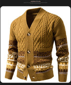 Men's Cable Knit Fair Isle Geometric Striped Cardigan V Neck Button Front Pocket Long Sleeve Sweater Autumn Winter Casual