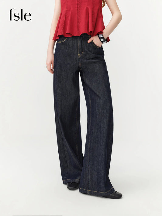 FSLE Women's 2026 Summer New Arrival Raw Indigo Straight Jeans | Lightweight Cool Feeling Slim Fit Versatile Denim Pants Jeans