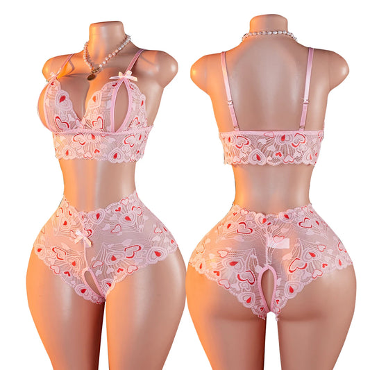 Ladies Love Contrast Pink Lace Lingerie Set Women Sheer Bra & Brief Sets Sexy Crotchless Panties Intimates Underwear For Women