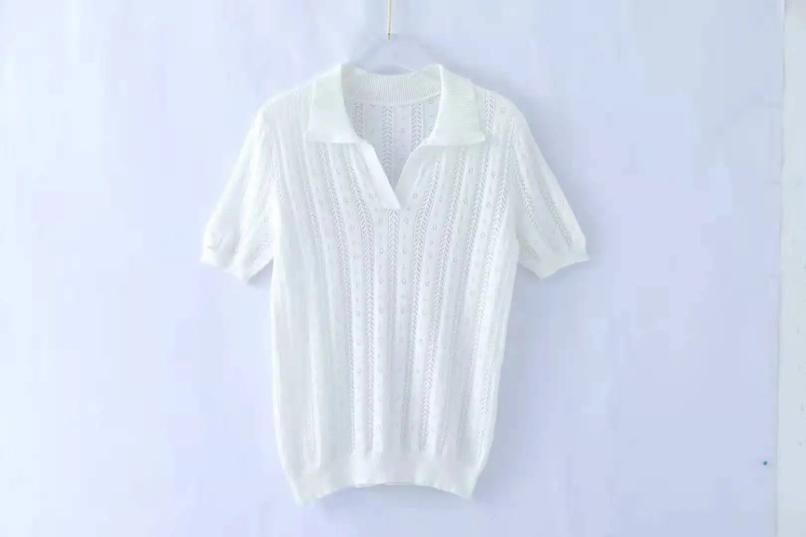 New Summer Fashion 100% Cotton Women Hollow-out Sweater T-shirt Short-sleeve Polo Collar Pullover Tees Korea Casual Knitted Tops