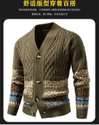 Men's Cable Knit Fair Isle Geometric Striped Cardigan V Neck Button Front Pocket Long Sleeve Sweater Autumn Winter Casual