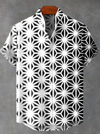 2025 Men's New Hot Selling Cool Checkered Pattern Printed Summer Comfortable Linen Short sleeved Shirt Men's Casual Button Top