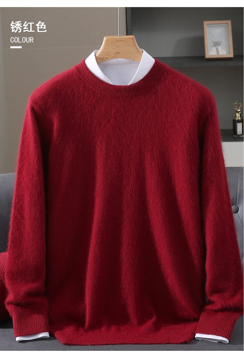 Autumn Winter 100% Mink Cashmere Sweater Men's Round Neck Pullover Loose Solid Color Plus Size Base Knit Business Casual Sweater