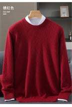 Autumn Winter 100% Mink Cashmere Sweater Men's Round Neck Pullover Loose Solid Color Plus Size Base Knit Business Casual Sweater