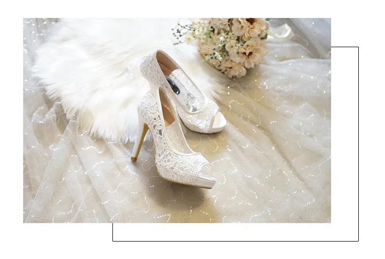 2025 New White Lace Wedding Shoes Fish Mouth High Heels Banquet Single Shoes Women
