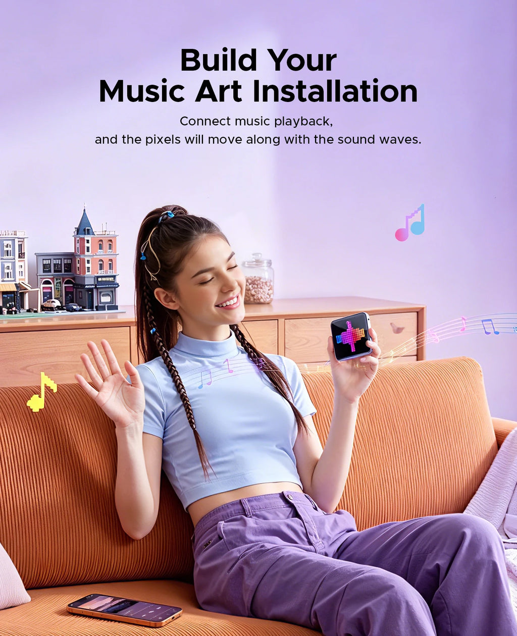 ORICO 5000mAh Pixel Art Power Bank with Built-in USB-C Cable 256 LED Beads Custom DIY Portable Charger for Smartphones