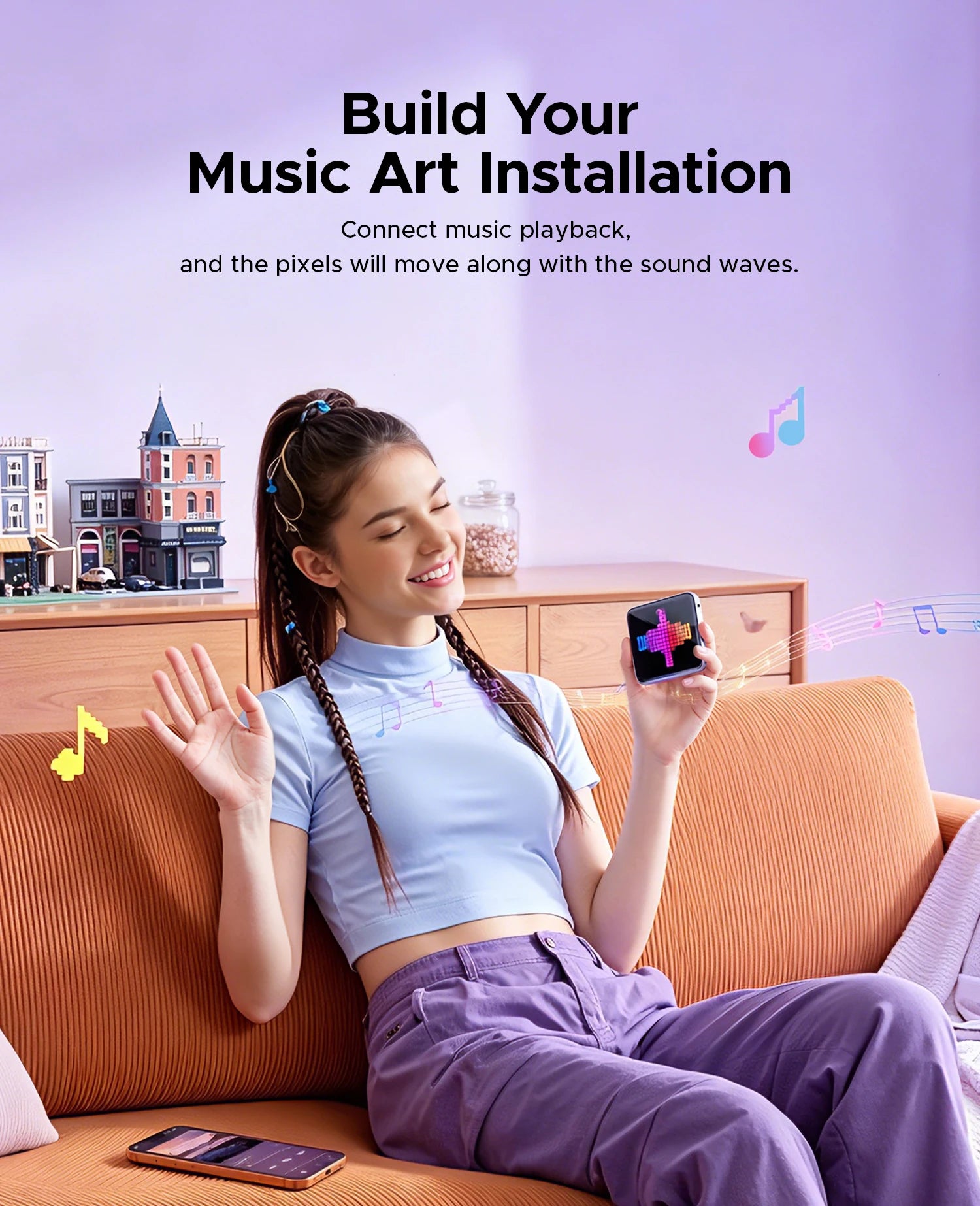 ORICO 5000mAh Pixel Art Power Bank with Built-in USB-C Cable 256 LED Beads Custom DIY Portable Charger for Smartphones