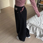 Women's Sweet Casual Full Length Baggy Denim Trouser Retro Emo Harajuku Loose Jeans Letter Embroidery High Waist Y2K 2000s Pants