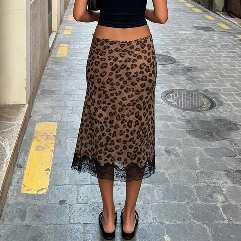 Talenza Summer Leopard Print Midi Skirts Sexy Women's Lace Patchwork Slim Skirts Fashion New Vintage Vacation Clubwear Y2K Skirt