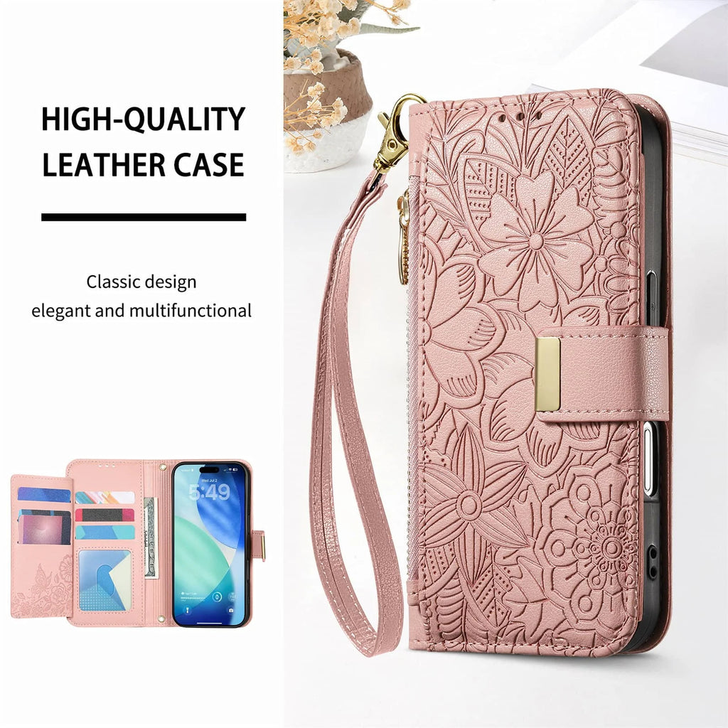 Compatible with iPhone 17/16e/15/14/13/12 Pro Max 16 Plus Lanyard Zipper Wallet Case Dual Card Holder Flip Stand Magnetic Buckle