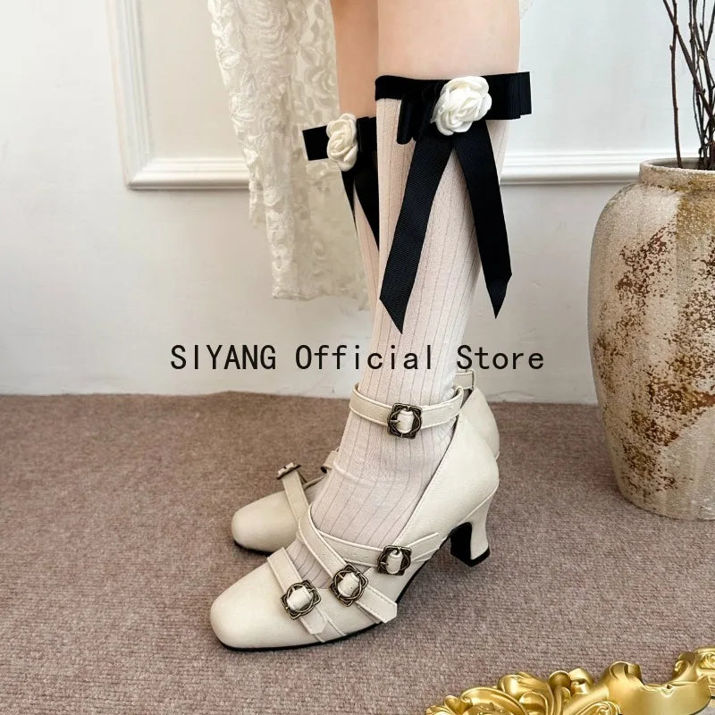 Sweet Lolita Cross Buckle Strap Women Mary Jane Shoes Fashion Multi Metal Buckle Shoes Retro Wedding Party Dress Ladies Pumps