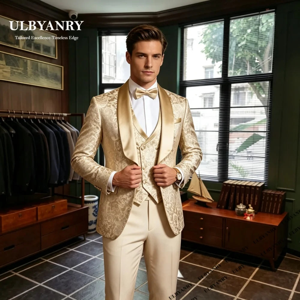 ULBYANRY Brand Selection Men's Jacquard Suit Set for Men, EU44-EU62 Plus Size Avaliable 3-piece Suit Attire Costume Tuxedo