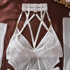 Lingeries Sexy Hot Tempted Intimate Bra Thong 2PC Set with Garter Belts Stockings Gloves Fantasy Sheer Daring Lingerie for Women