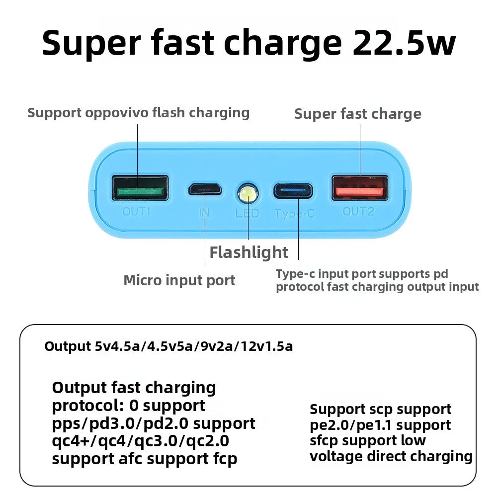 10W 18W 6*18650 Power Bank Battery Box Holder Dual USB Type C Micro 22.5W Fast Charge Shell With Led Lights 18650 Battery Cases