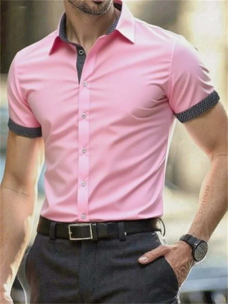 Men's short-sleeved shirt summer slim casual dress light and thin elastic no iron business shirt fashion luxury all seasons
