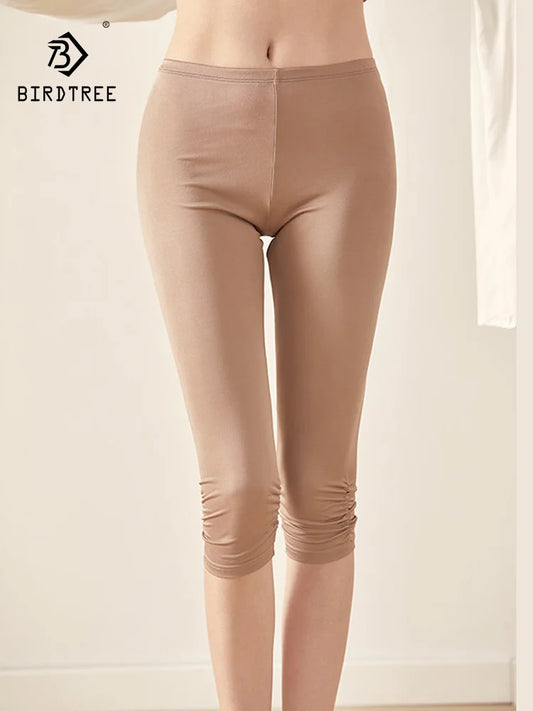 Birdtree Women Leggings Knitted Natural Silk 3/4 Length Slim Pants Anti Emptied Bottoms Black Khaki Summer 2023 New B37129QC