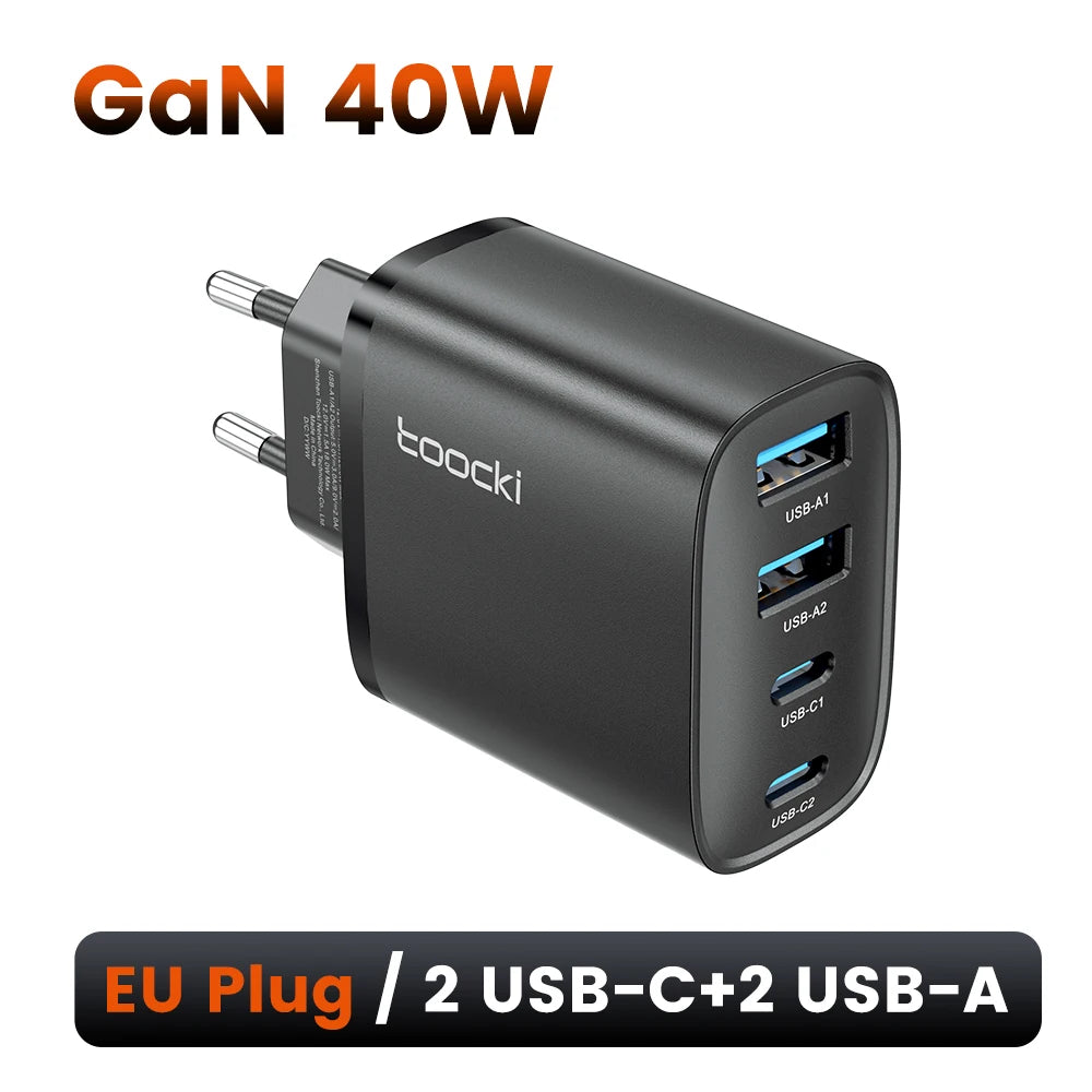 Toocki 40W GaN Fast Charger QC4.0 PD3.0 AFC SCP 4 Port USB Type C Charger for iPhone 16 15 14 Samsung S25 S24 Xiaomi Huawei OPPO