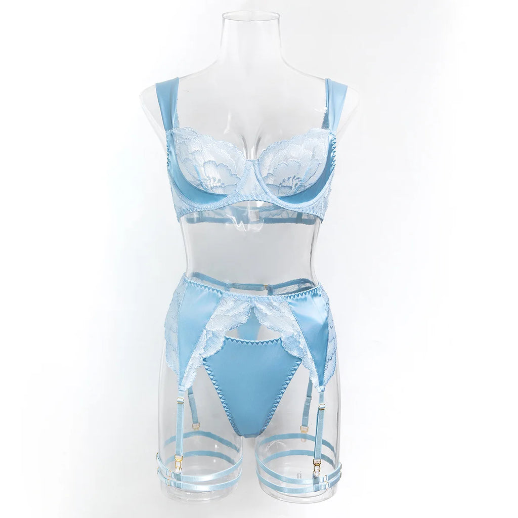 Krasapt Delicate Lace Patchwork Lingerie 4 Pcs Sets Woman Satin Bras And Panties Garter Underwear Erotic Intimate Outfits