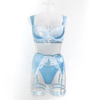 Krasapt Delicate Lace Patchwork Lingerie 4 Pcs Sets Woman Satin Bras And Panties Garter Underwear Erotic Intimate Outfits