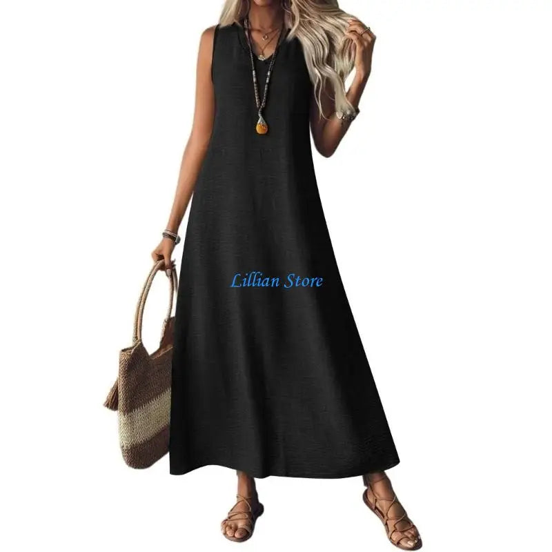 Q1FA Summer Dresses for Women Cotton Linen Maxi Dress Casual Sleeveless Long Sundress Vacation Outfits