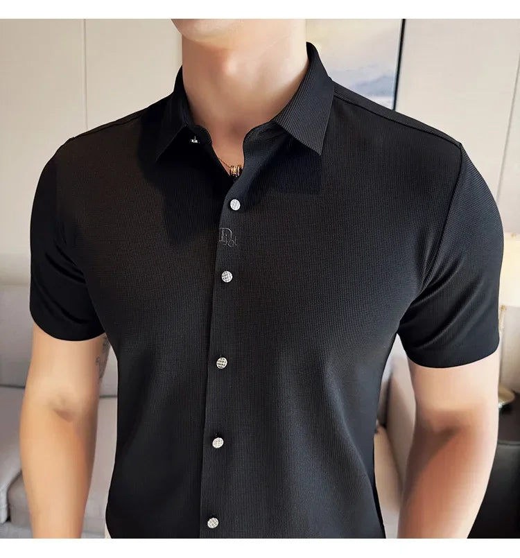 Men's White Business Casual Shirt, Fitted Striped Elastic Short-sleeved Shirt, Exquisite Embroidered Summer Formal Work Uniform.