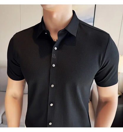 Men's White Business Casual Shirt, Fitted Striped Elastic Short-sleeved Shirt, Exquisite Embroidered Summer Formal Work Uniform.