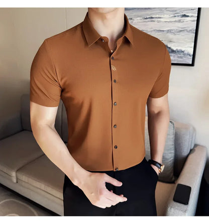 Men's White Business Casual Shirt, Fitted Striped Elastic Short-sleeved Shirt, Exquisite Embroidered Summer Formal Work Uniform.