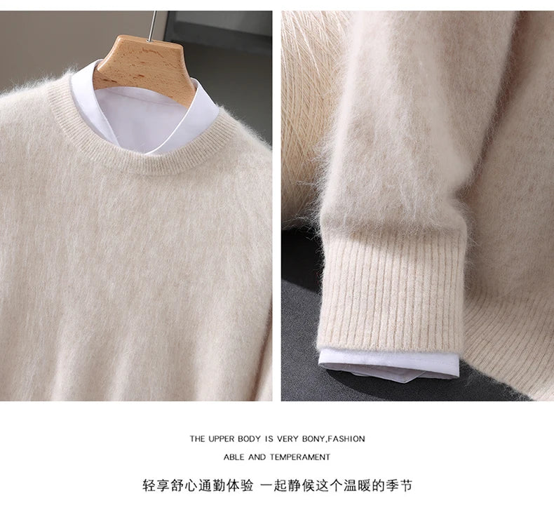 Autumn Winter 100% Mink Cashmere Sweater Men's Round Neck Pullover Loose Solid Color Plus Size Base Knit Business Casual Sweater