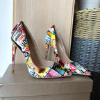 Veowalk Magazine Print Women Pointy Toe High Heel Shoes 80 100 120 Sexy Designer Stiletto Pumps for Party Big Size 43 44 45